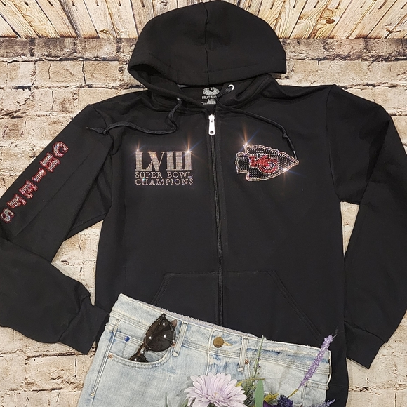 New Kansas City Chiefs Superbowl Rhinestone Zip Up Hoodie Unisex S thru XL - Picture 3 of 8